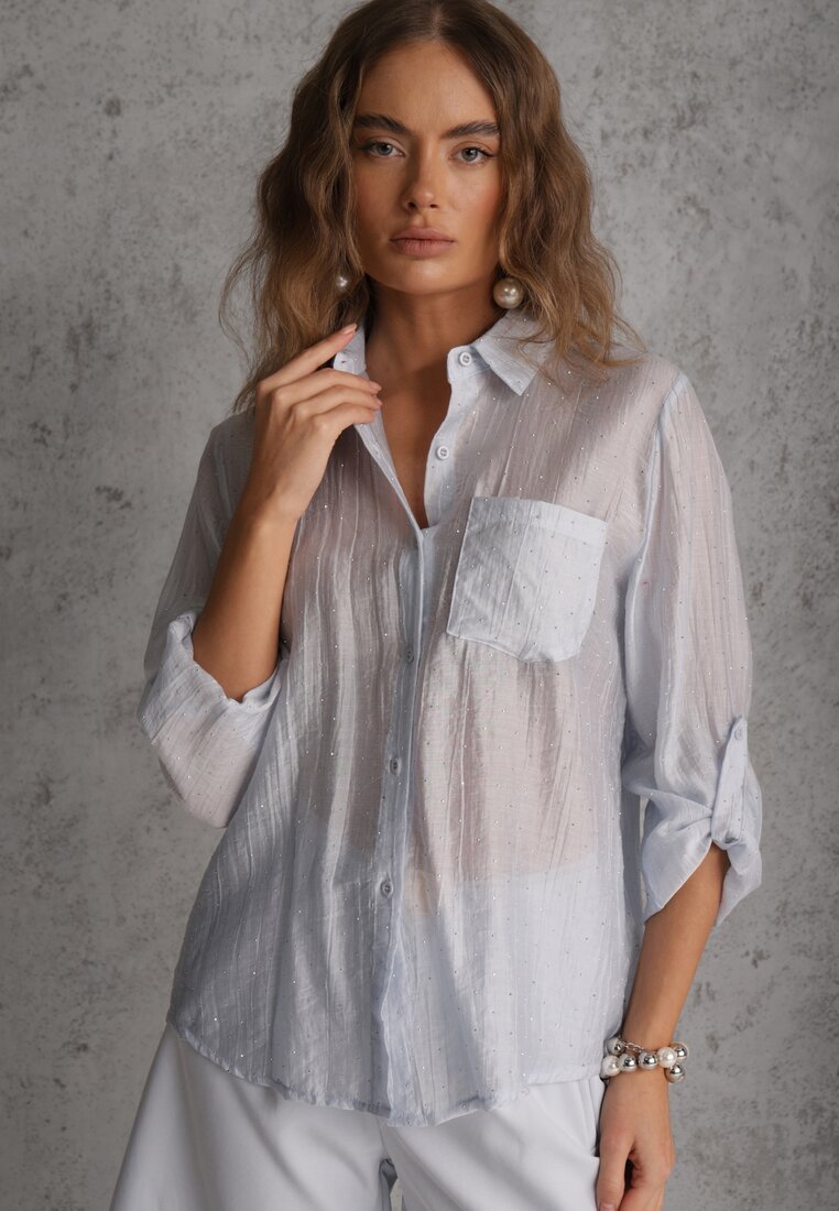 Niebieska Prześwitująca Koszula z Cyrkoniami Arialle