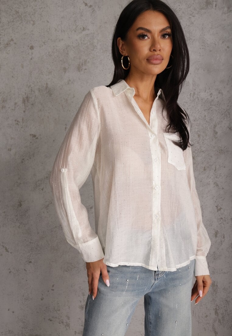 Jasnobeżowa Prześwitująca Koszula z Cyrkoniami Arialle