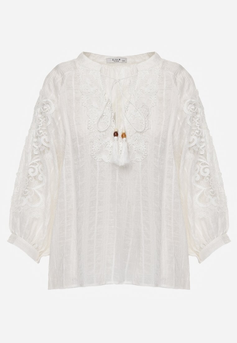 Biała Wiązana Bluzka w Stylu Boho z Tencelu z Koralikami i Koronką Helotis