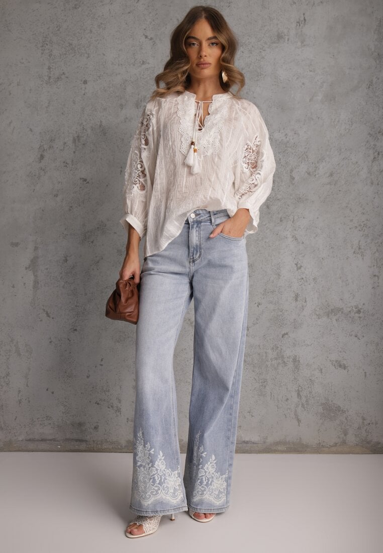 Biała Wiązana Bluzka w Stylu Boho z Tencelu z Koralikami i Koronką Helotis