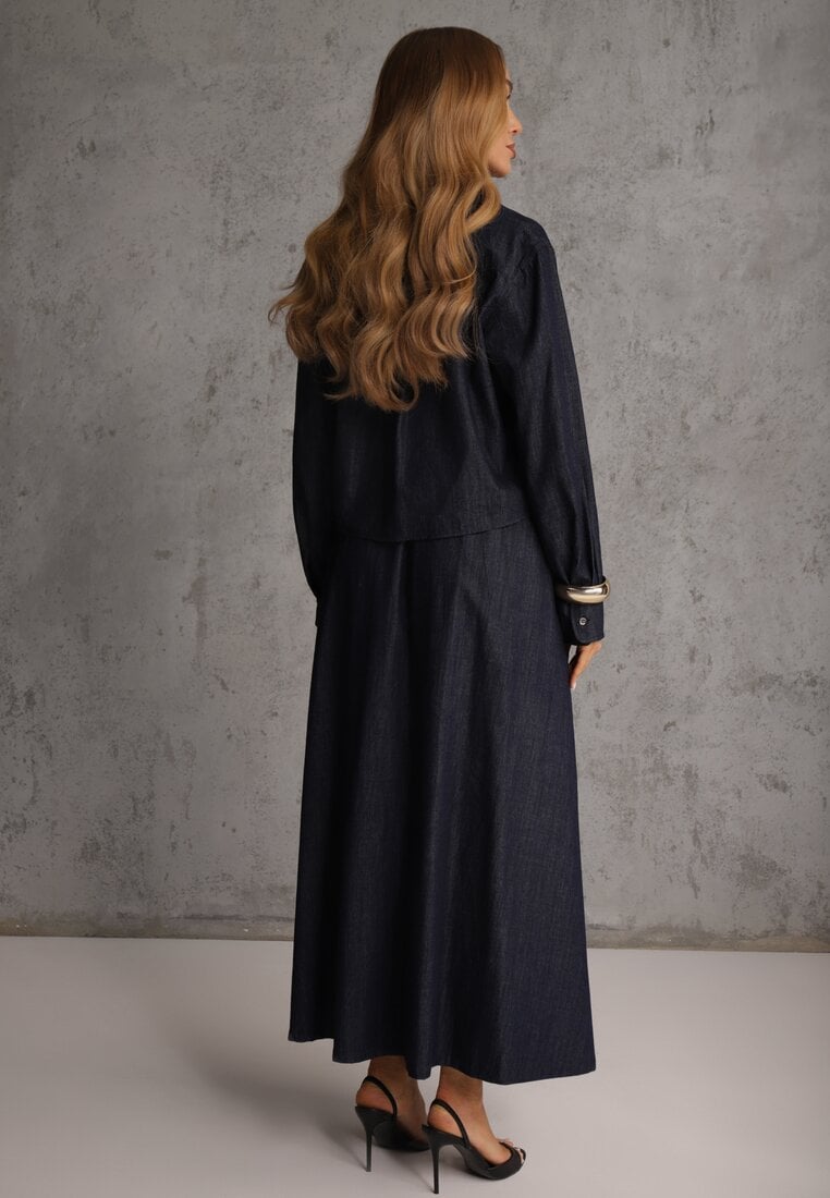 Granatowy Komplet z Bawełniano-Wiskozowej Imitacji Jeansu z Koszulą i Spódnicą z Paskiem Andaig