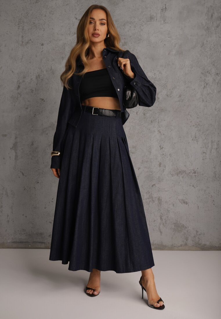 Granatowy Komplet z Bawełniano-Wiskozowej Imitacji Jeansu z Koszulą i Spódnicą z Paskiem Andaig