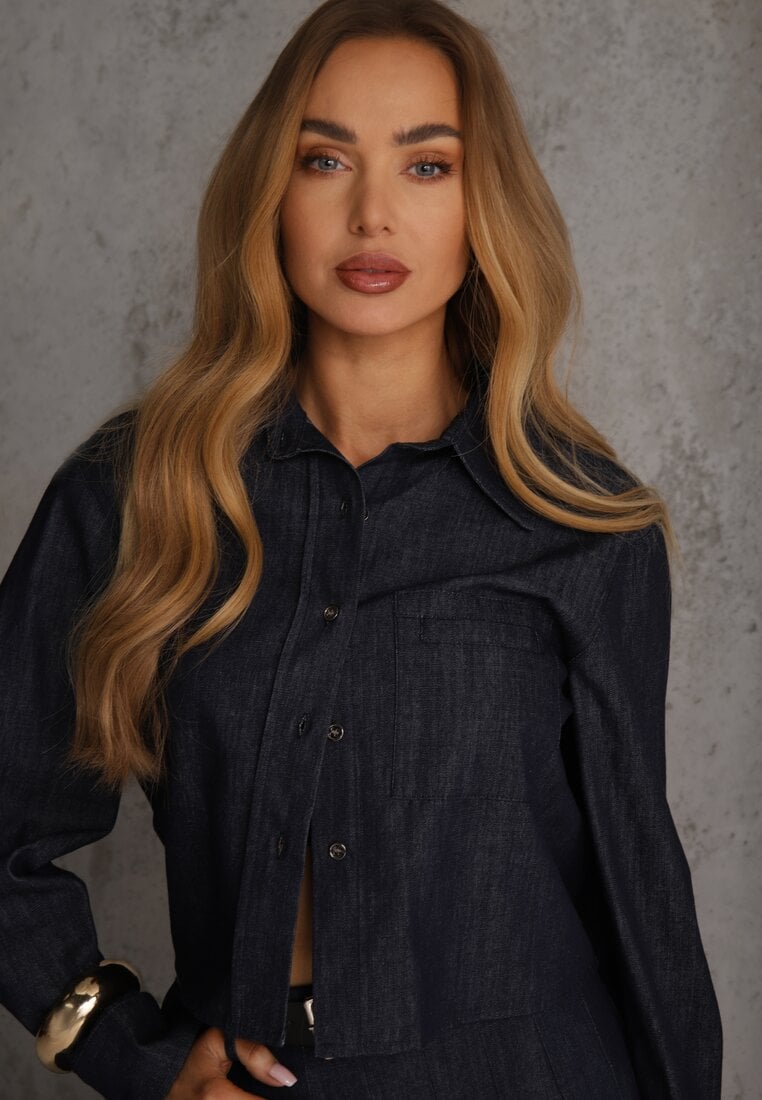 Granatowy Komplet z Bawełniano-Wiskozowej Imitacji Jeansu z Koszulą i Spódnicą z Paskiem Andaig