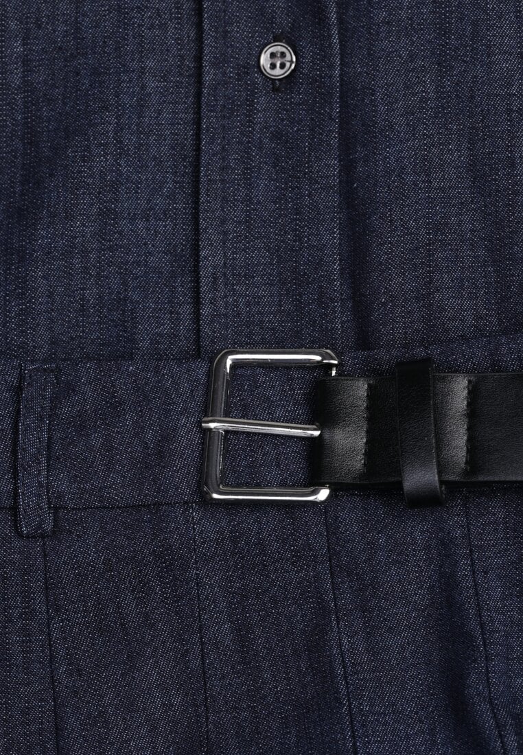 Granatowy Komplet z Bawełniano-Wiskozowej Imitacji Jeansu z Koszulą i Spódnicą z Paskiem Andaig