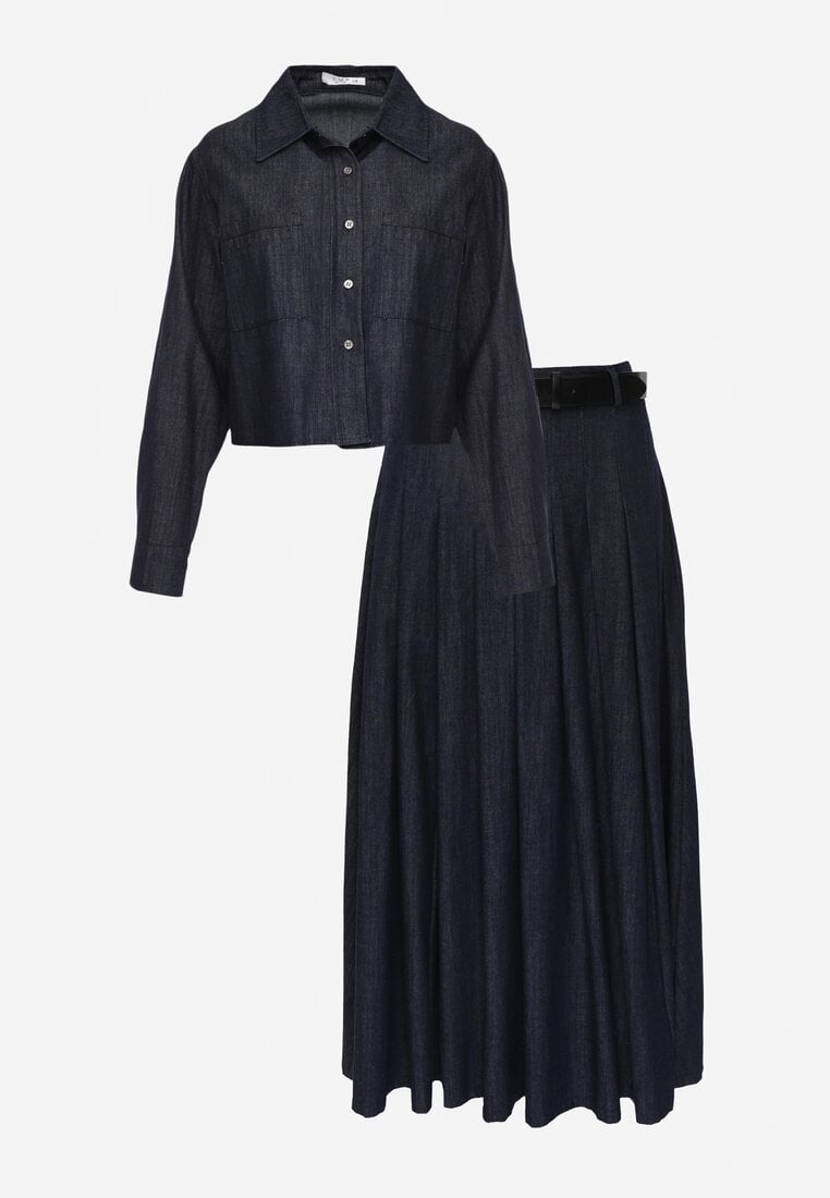 Granatowy Komplet z Bawełniano-Wiskozowej Imitacji Jeansu z Koszulą i Spódnicą z Paskiem Andaig