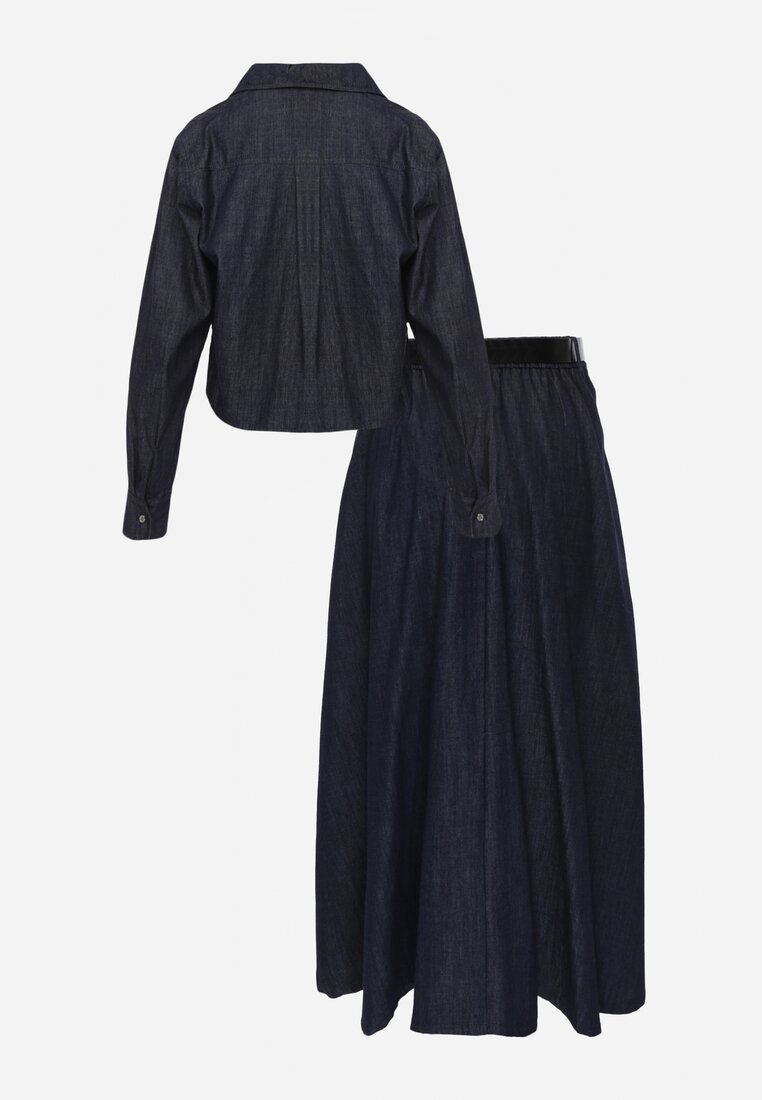 Granatowy Komplet z Bawełniano-Wiskozowej Imitacji Jeansu z Koszulą i Spódnicą z Paskiem Andaig