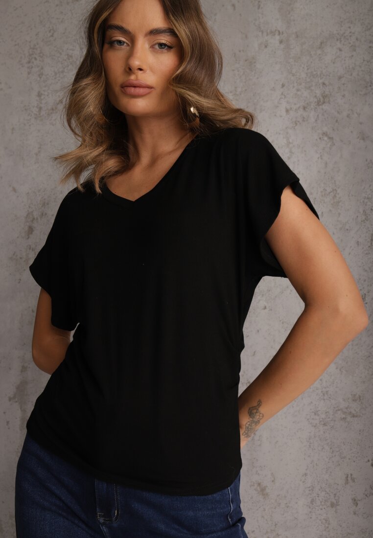 Czarny Wiskozowy T-shirt z Dekoltem V Eupharis