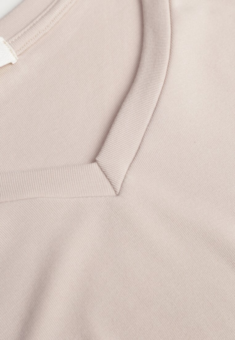 Beżowy Wiskozowy T-shirt z Dekoltem V Eupharis