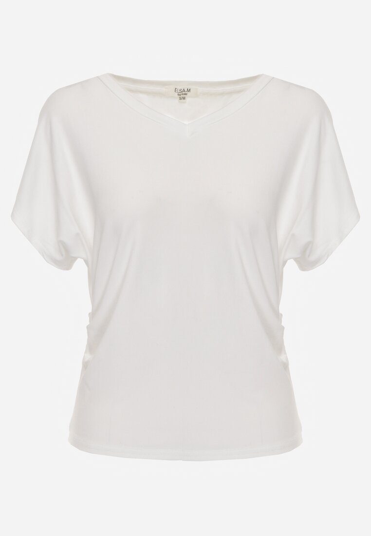 Biały Wiskozowy T-shirt z Dekoltem V Eupharis