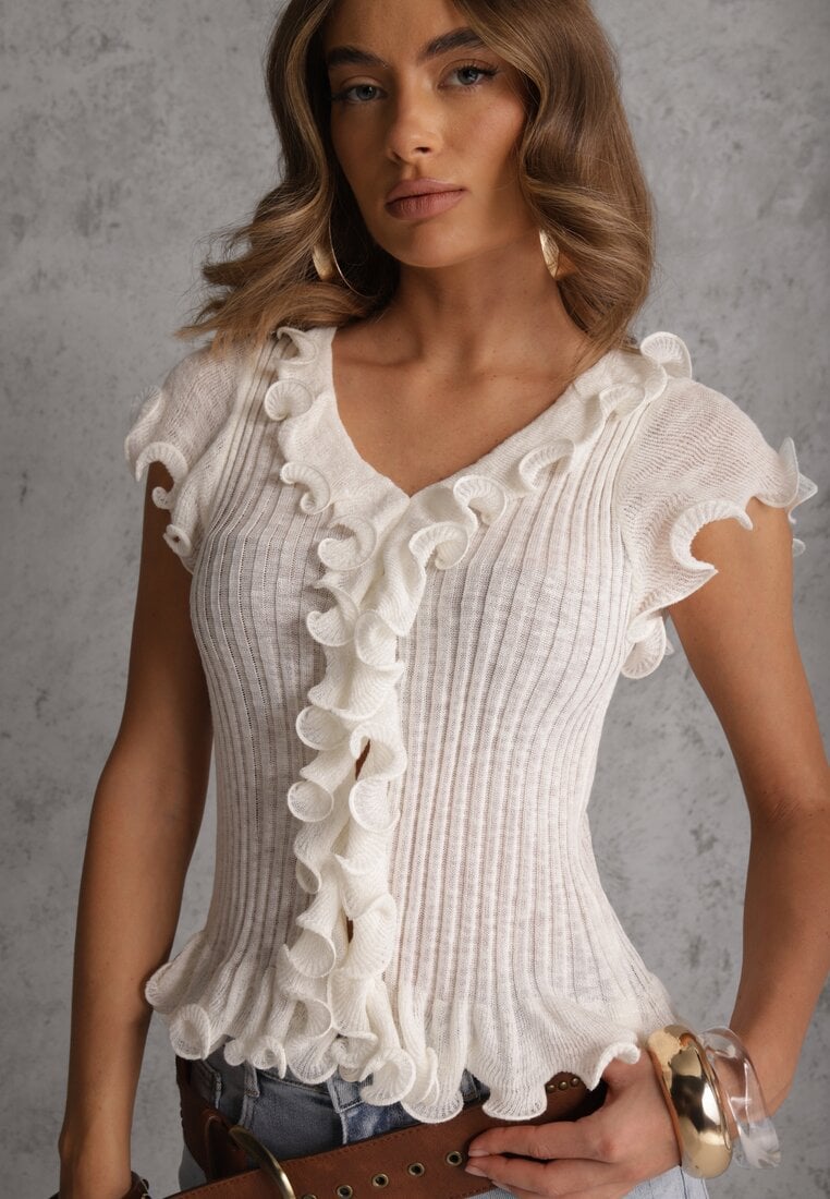 Biała Bluzka z Wiskozą w Prążki z Falbanami Eunione