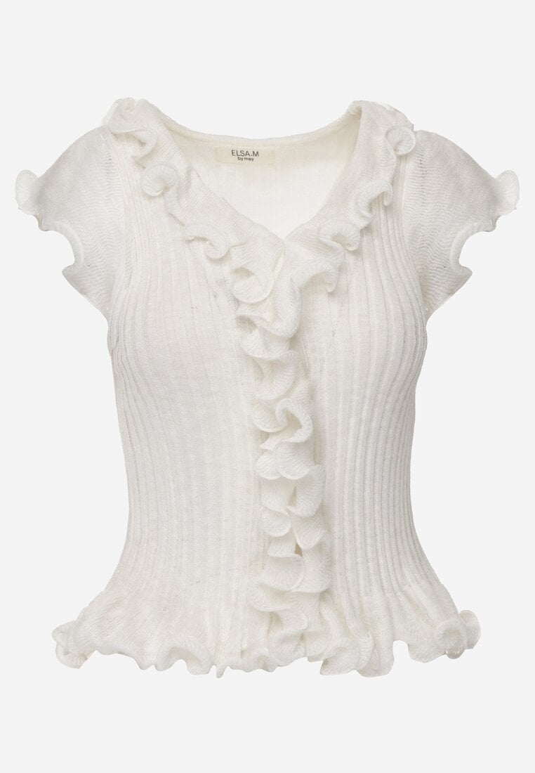 Biała Bluzka z Wiskozą w Prążki z Falbanami Eunione