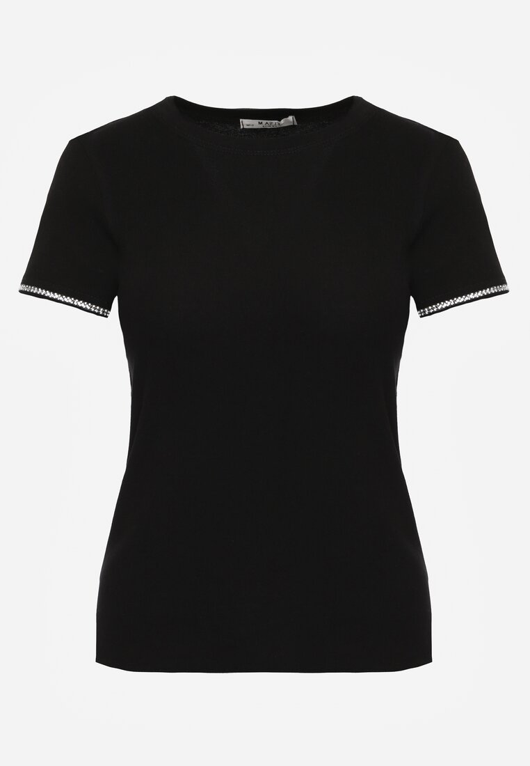 Czarny T-shirt z Bawełny Ozdobiony Cyrkoniami Kallochis