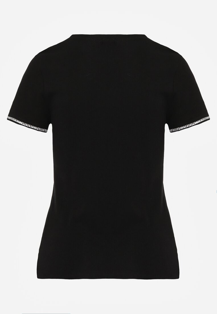 Czarny T-shirt z Bawełny Ozdobiony Cyrkoniami Kallochis