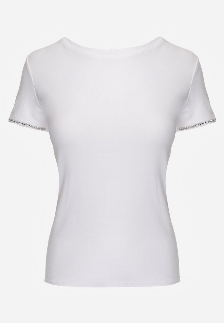 Biały T-shirt z Bawełny Ozdobiony Cyrkoniami Kallochis