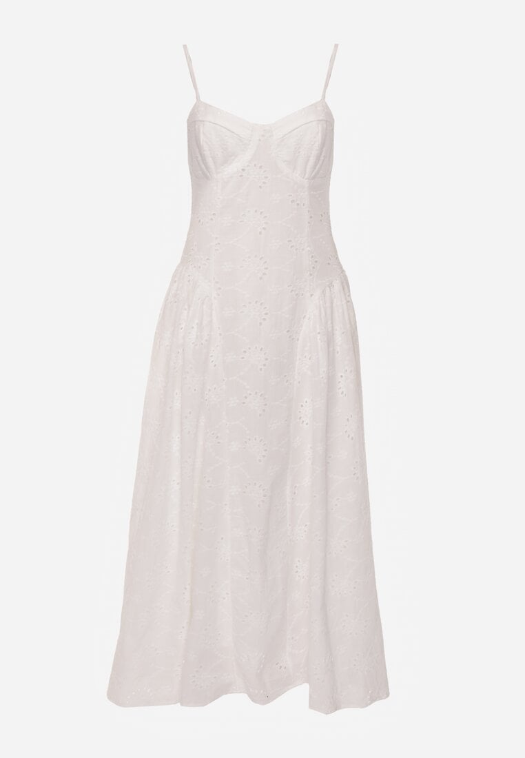 Biała Bawełniana Sukienka Ażurowa o Rozkloszowanym Fasonie na Ramiączkach Samesi