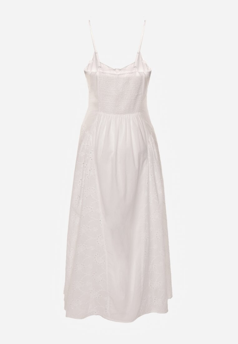 Biała Bawełniana Sukienka Ażurowa o Rozkloszowanym Fasonie na Ramiączkach Samesi