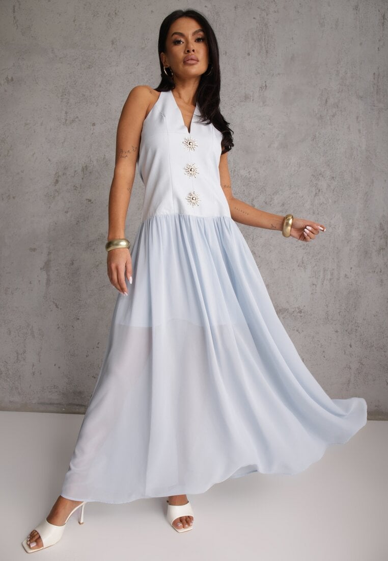 Niebieska Sukienka z Dekoltem Halter i Ozodbymi Guzikami z Przodu Nesia