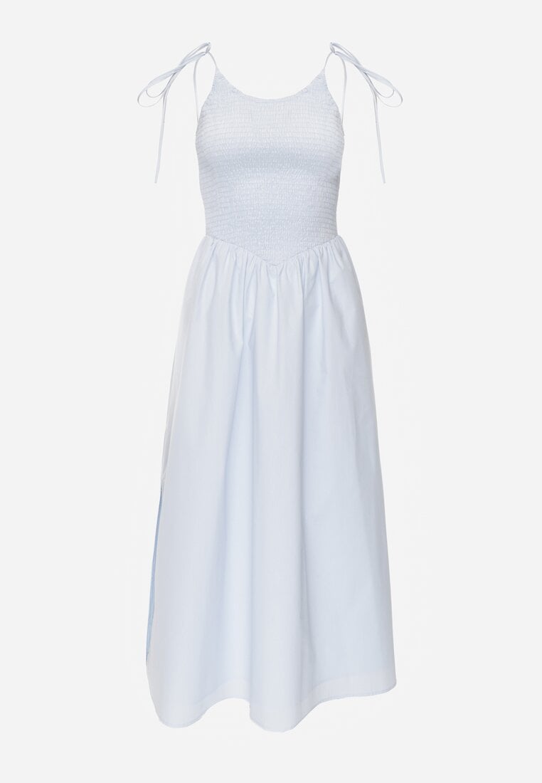 Niebieska Rozkloszowana Sukienka z Bawełny z Gumkami w Biuście i Ramiączkami na Wiązanie Omphoreia