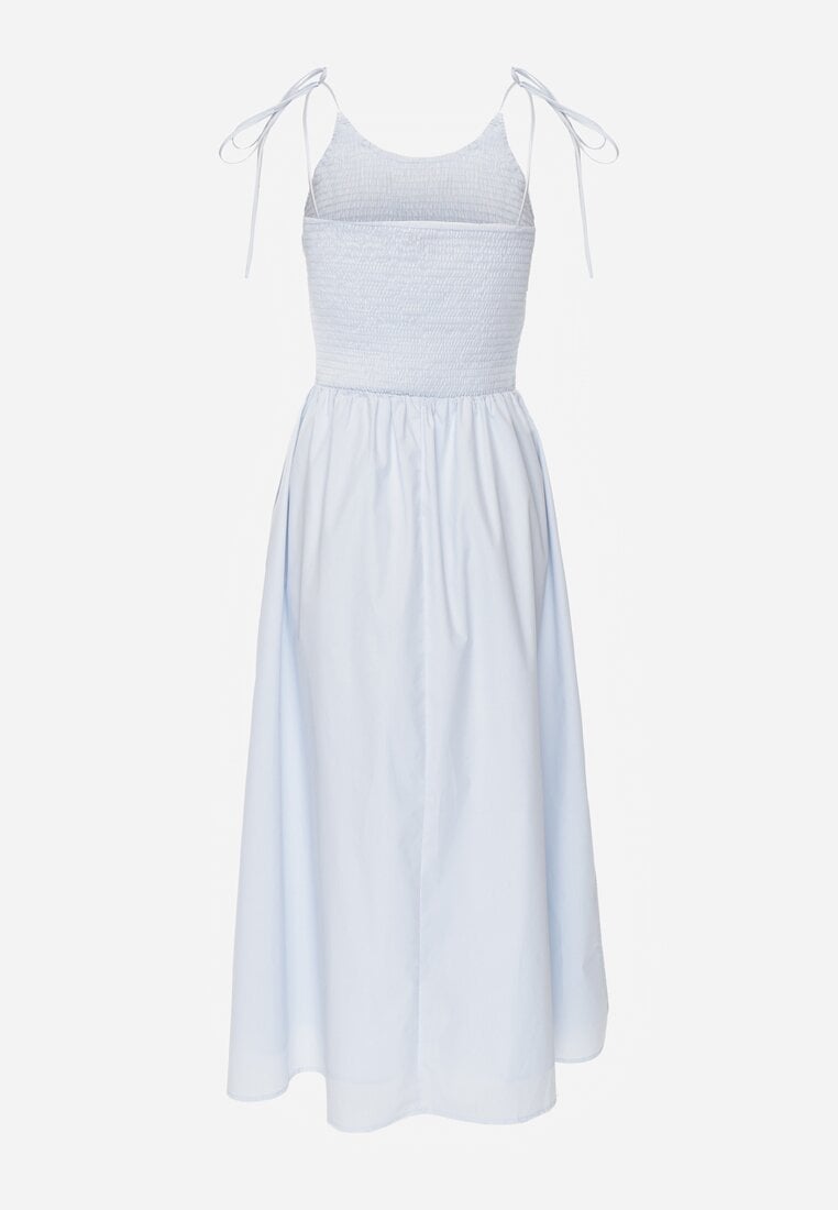 Niebieska Rozkloszowana Sukienka z Bawełny z Gumkami w Biuście i Ramiączkami na Wiązanie Omphoreia