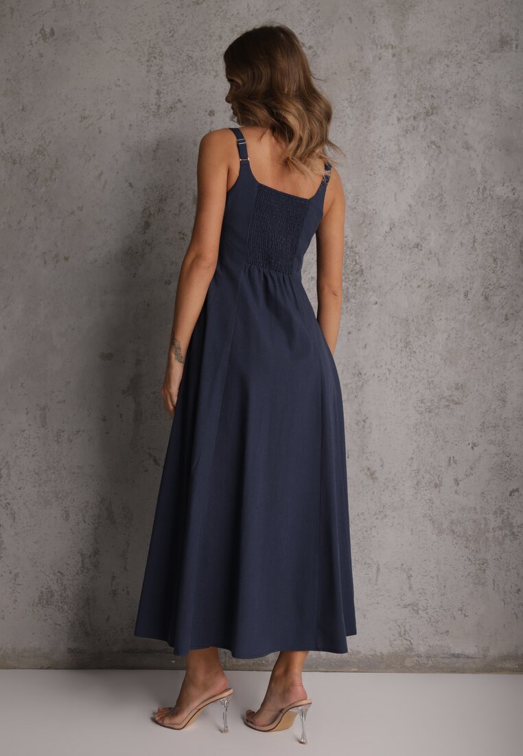 Granatowa Sukienka Rozkloszowana z Wiskozą i Bawełną Ozdobiona Guzikami Nikippe