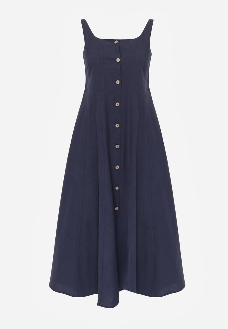 Granatowa Sukienka Rozkloszowana z Wiskozą i Bawełną Ozdobiona Guzikami Nikippe