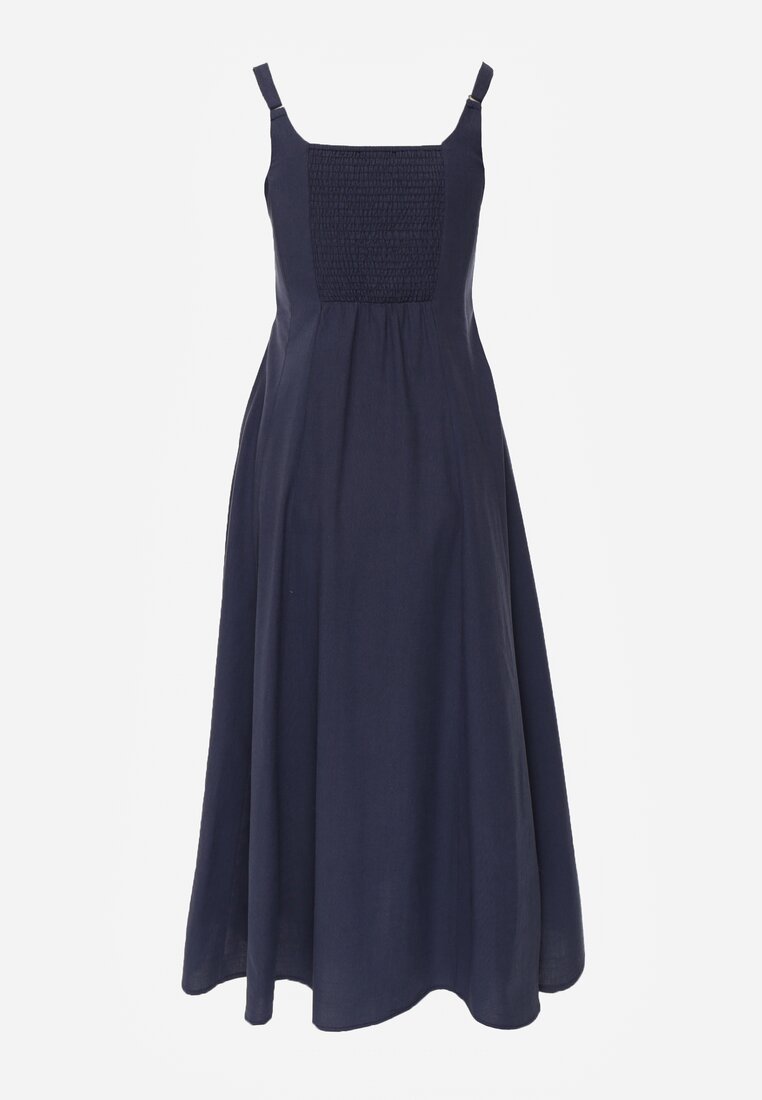 Granatowa Sukienka Rozkloszowana z Wiskozą i Bawełną Ozdobiona Guzikami Nikippe