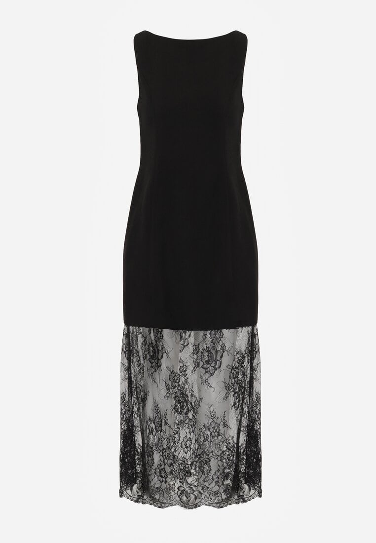 Czarna Sukienka Wieczorowa Bez Rękawów z Koronką u Dołu Moaviie