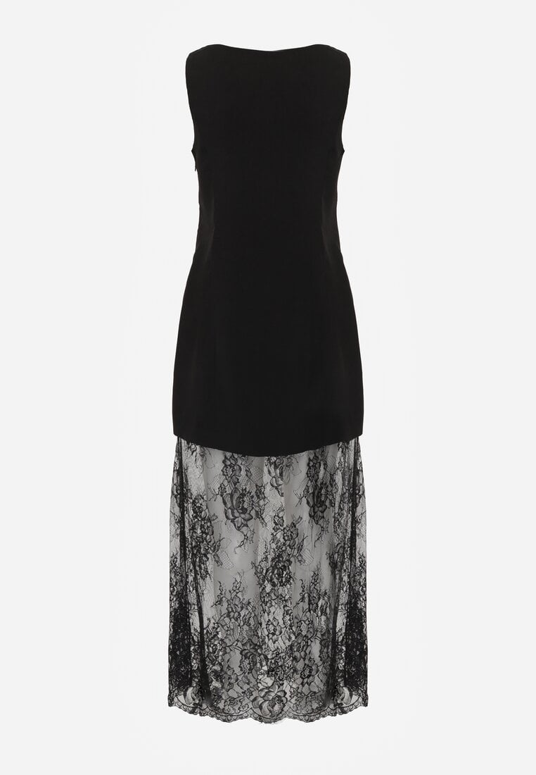 Czarna Sukienka Wieczorowa Bez Rękawów z Koronką u Dołu Moaviie