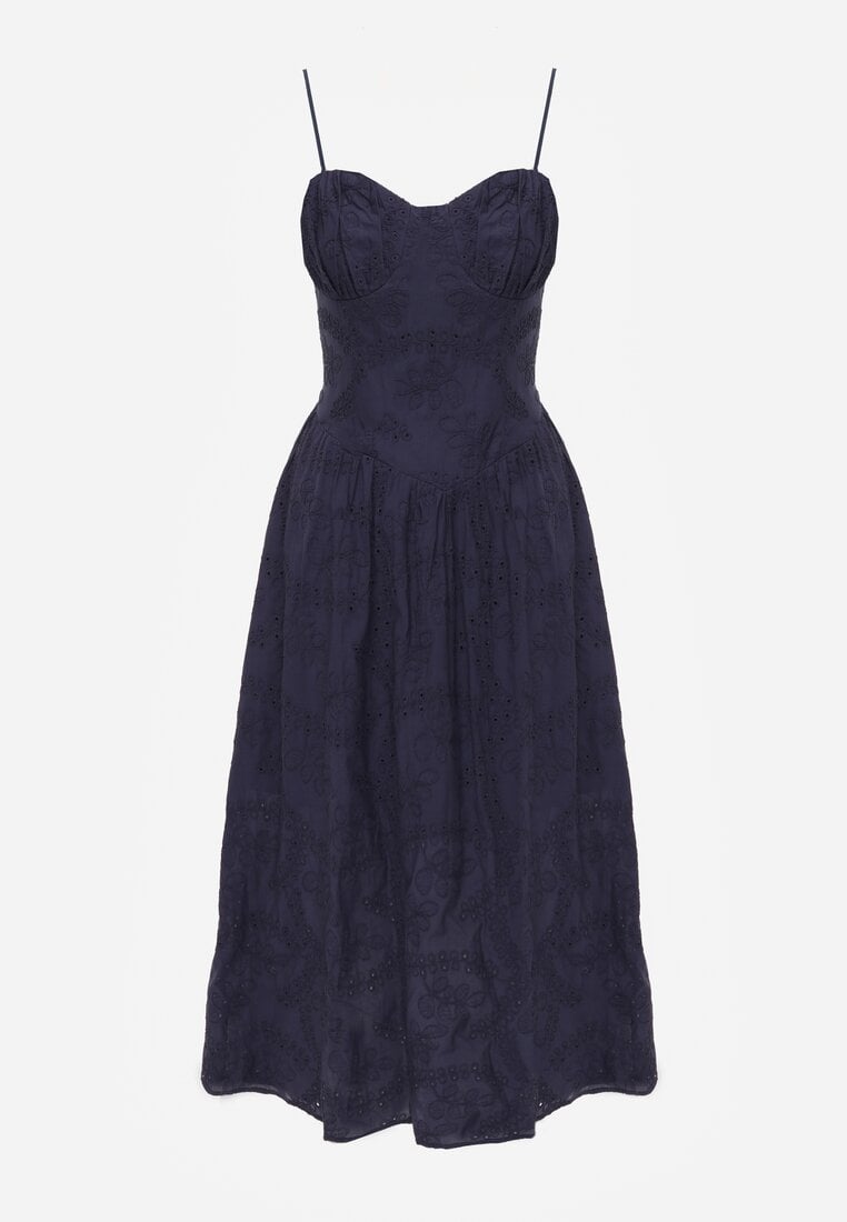 Granatowa Rozkloszowana Sukienka z Bawełny na Ramiączka Zdobiona Haftem Adozaphaura