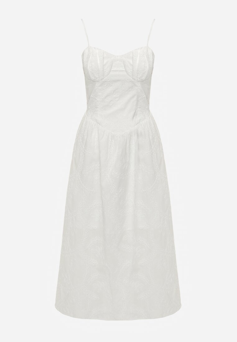 Biała Rozkloszowana Sukienka z Bawełny na Ramiączka Zdobiona Haftem Adozaphaura