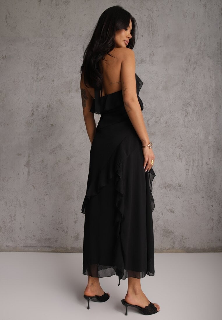 Czarna Elegancka Sukienka z Taliowaniem Wiązana na Plecach z Falbankami Ocyparia