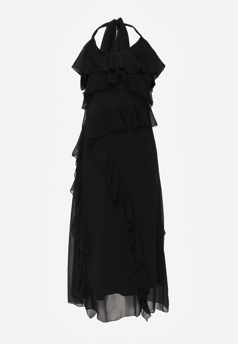 Czarna Elegancka Sukienka z Taliowaniem Wiązana na Plecach z Falbankami Ocyparia