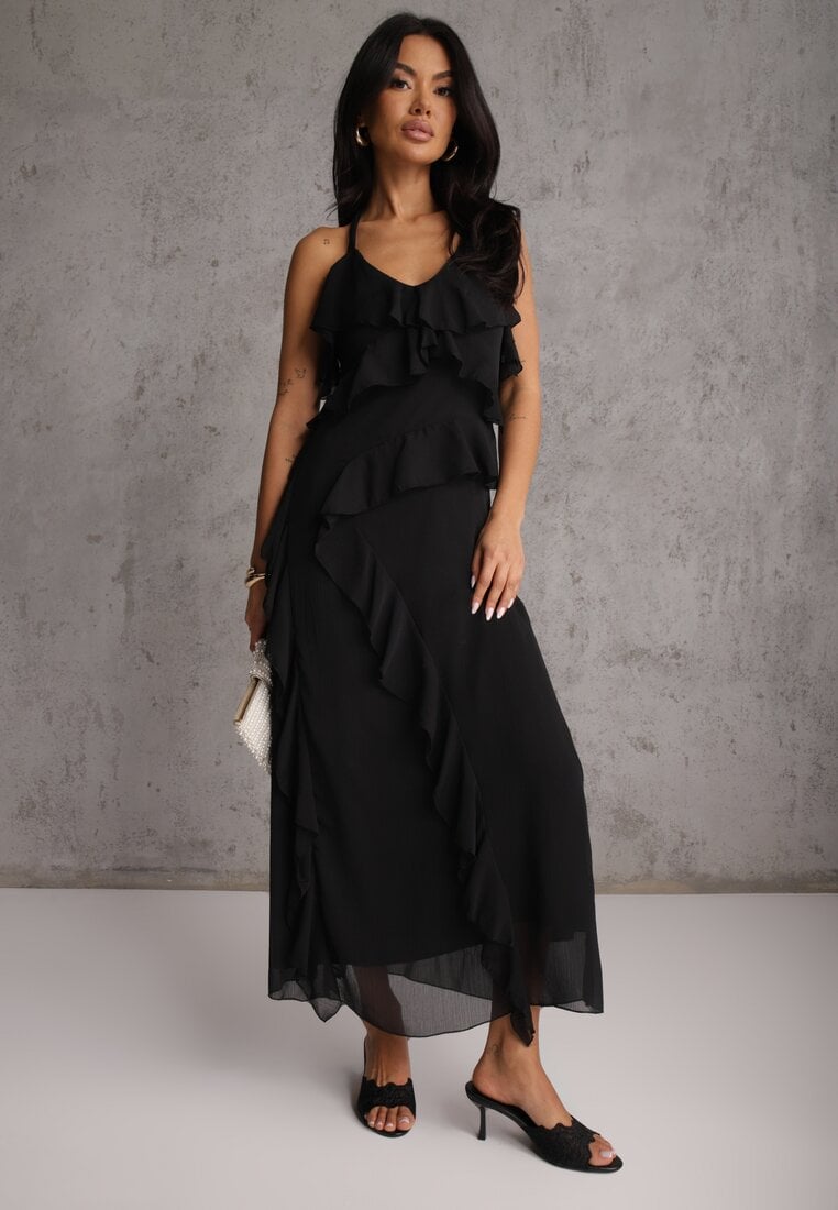 Czarna Elegancka Sukienka z Taliowaniem Wiązana na Plecach z Falbankami Ocyparia
