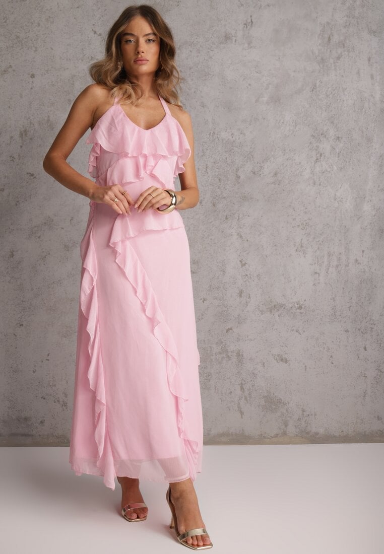 Różowa Elegancka Sukienka z Taliowaniem Wiązana na Plecach z Falbankami Ocyparia