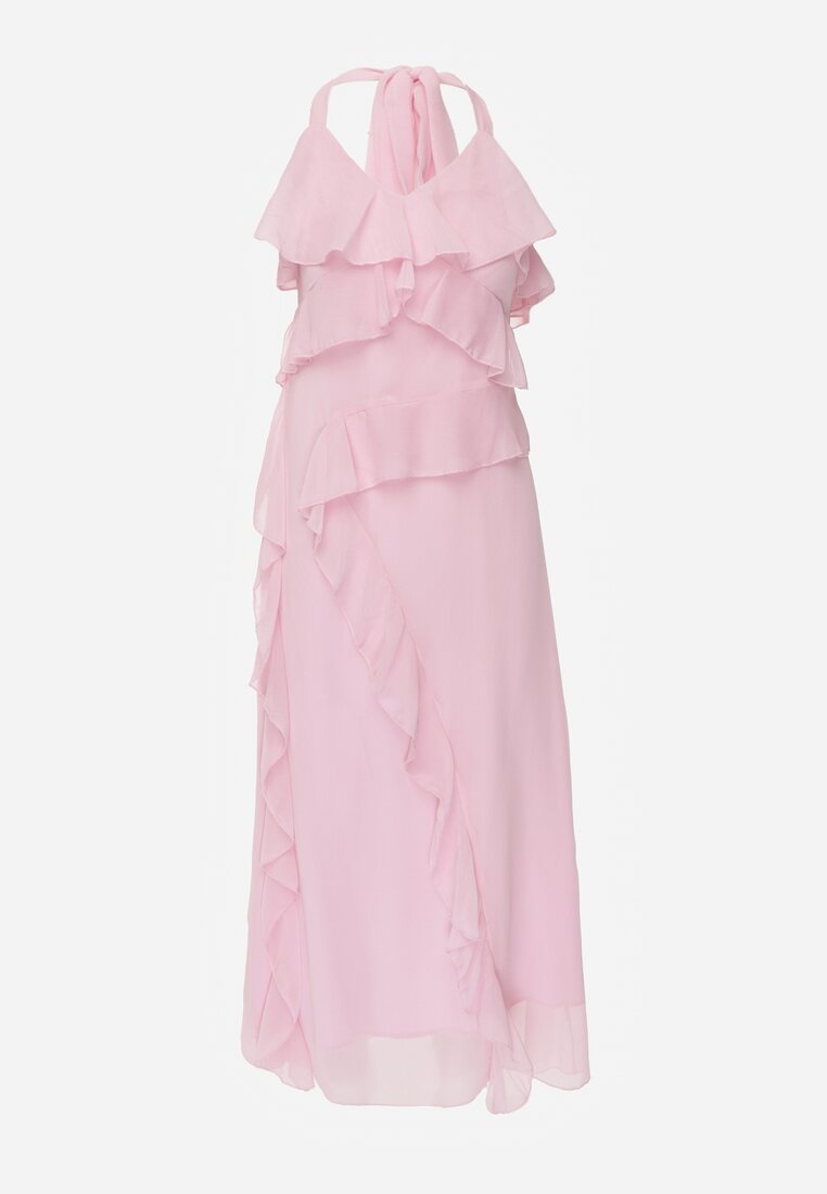 Różowa Elegancka Sukienka z Taliowaniem Wiązana na Plecach z Falbankami Ocyparia