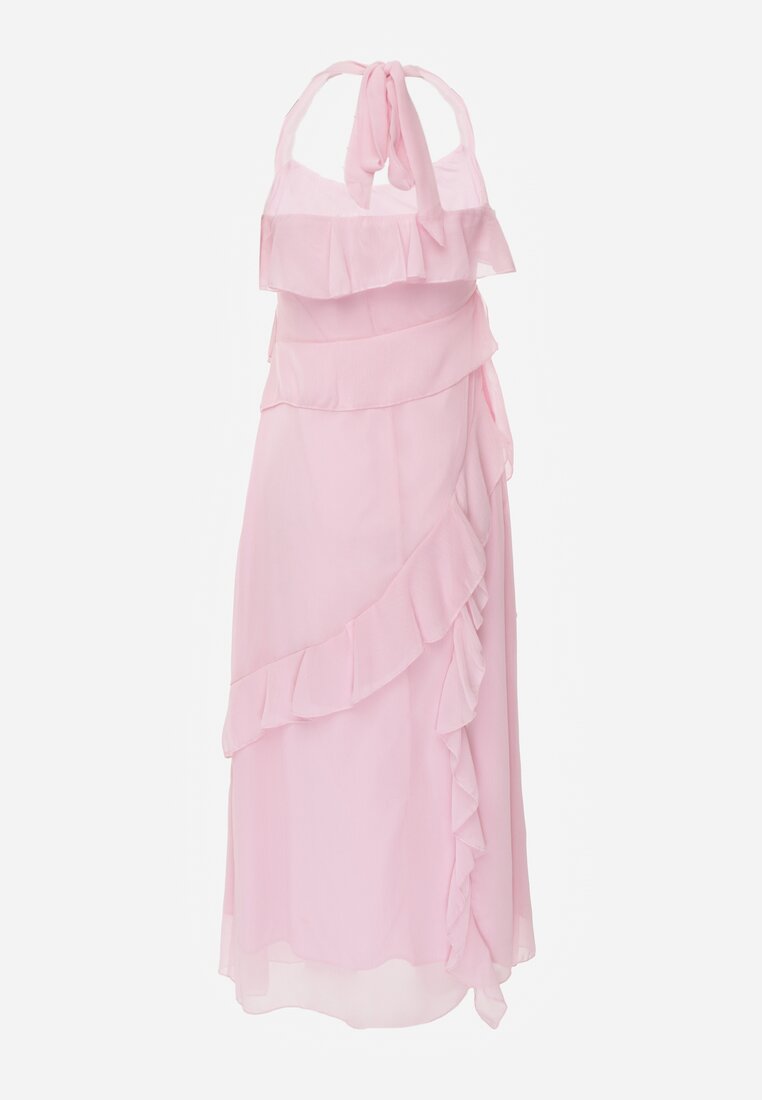 Różowa Elegancka Sukienka z Taliowaniem Wiązana na Plecach z Falbankami Ocyparia