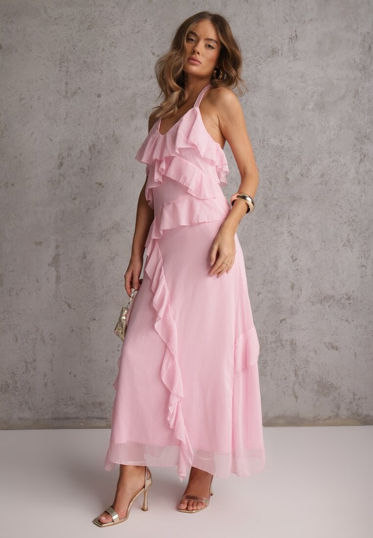 Różowa Elegancka Sukienka z Taliowaniem Wiązana na Plecach z Falbankami Ocyparia