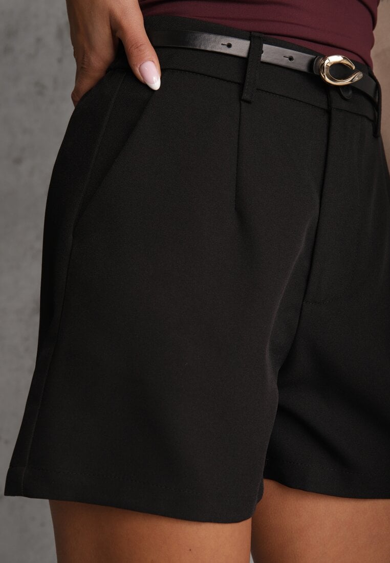 Czarne Szorty High Waist w Eleganckim Stylu z Cienkim Paskiem ze Sprzączką Rissarie
