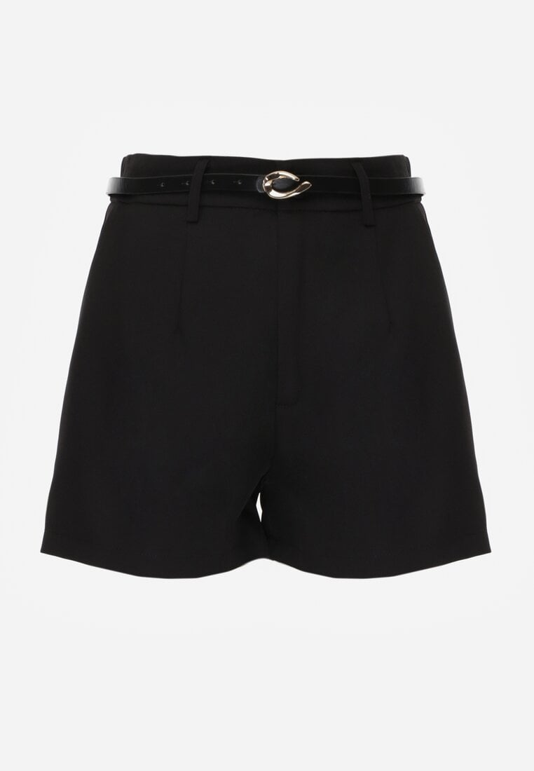 Czarne Szorty High Waist w Eleganckim Stylu z Cienkim Paskiem ze Sprzączką Rissarie