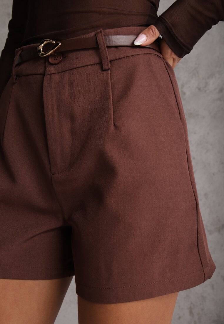 Brązowe Szorty High Waist w Eleganckim Stylu z Cienkim Paskiem ze Sprzączką Rissarie