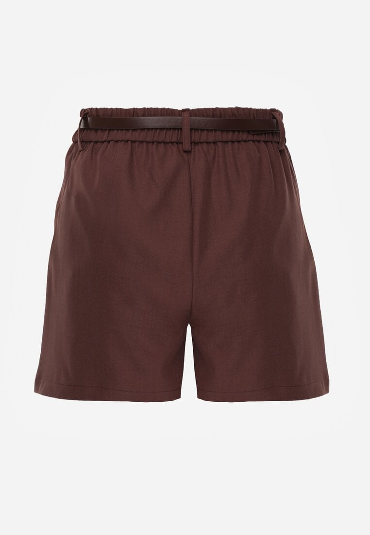 Brązowe Szorty High Waist w Eleganckim Stylu z Cienkim Paskiem ze Sprzączką Rissarie