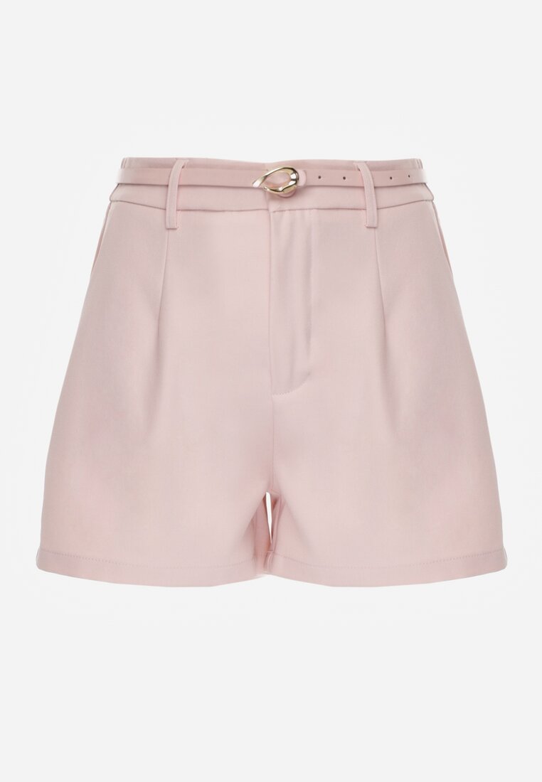 Różowe Szorty High Waist w Eleganckim Stylu z Cienkim Paskiem ze Sprzączką Rissarie