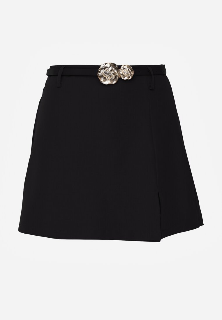 Czarne Spódnico-Szorty High Waist Ozdobione Metaliczną Aplikacją i Paskiem Retness