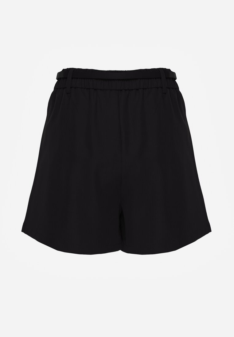 Czarne Spódnico-Szorty High Waist Ozdobione Metaliczną Aplikacją i Paskiem Retness