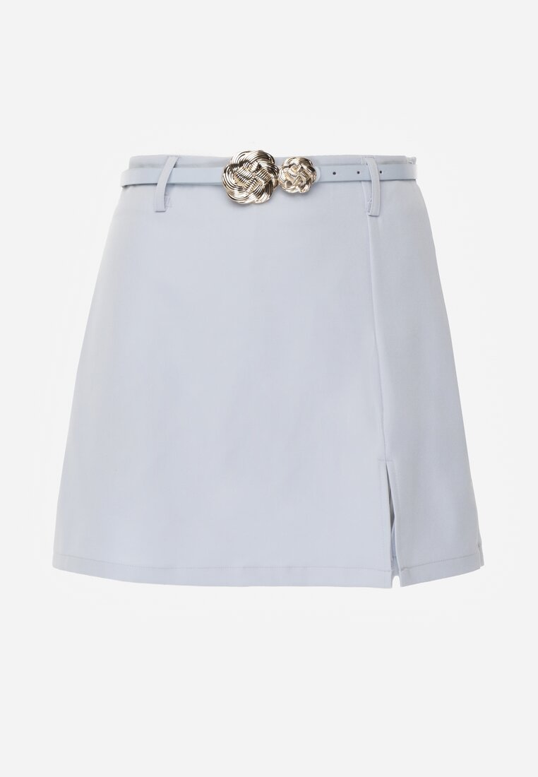 Niebieskie Spódnico-Szorty High Waist Ozdobione Metaliczną Aplikacją i Paskiem Retness