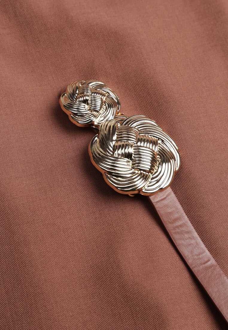 Brązowe Spódnico-Szorty High Waist Ozdobione Metaliczną Aplikacją i Paskiem Retness