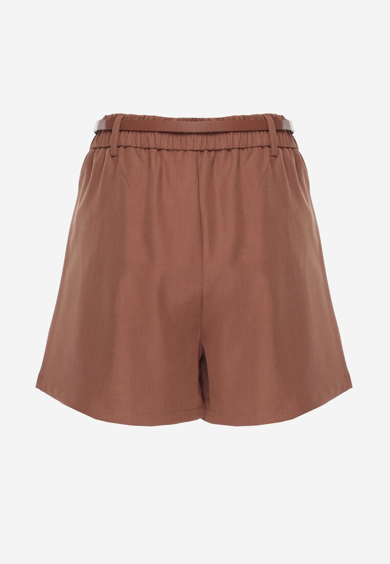 Brązowe Spódnico-Szorty High Waist Ozdobione Metaliczną Aplikacją i Paskiem Retness