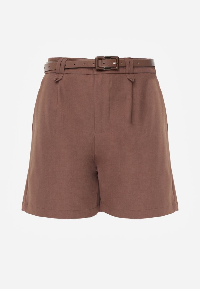 Brązowe Szorty Ozdobione Paskiem i Metaliczną Klamrą Tinalin