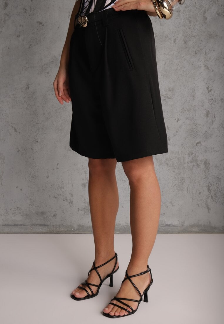 Czarne Szorty Bermudy Eleganckie z Paskiem High Waist Rhodissa