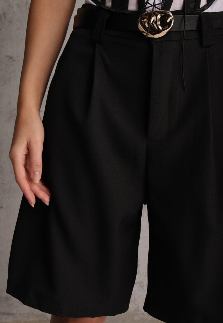 Czarne Szorty Bermudy Eleganckie z Paskiem High Waist Rhodissa
